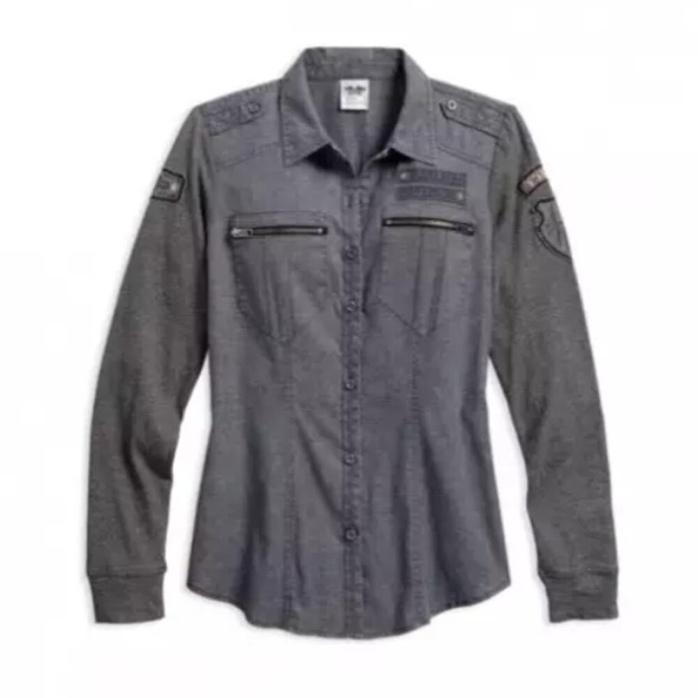 HARLEY-DAVIDSON Gray Military Style Long Sleeve Button Down Biker Top